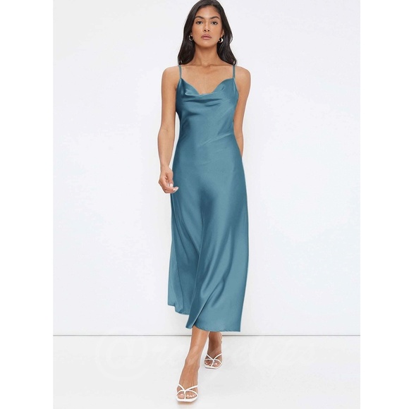 Blue Satin Cami Dress Midi  Adjustable Spaghetti Straps - Picture 2 of 8